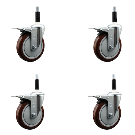 Service Caster 5'' Maroon Poly Swivel 7/8'' Expanding Stem Caster Set Total Lock Brake, 4PK SCC-EXTTL20S514-PPUB-MRN-78-4